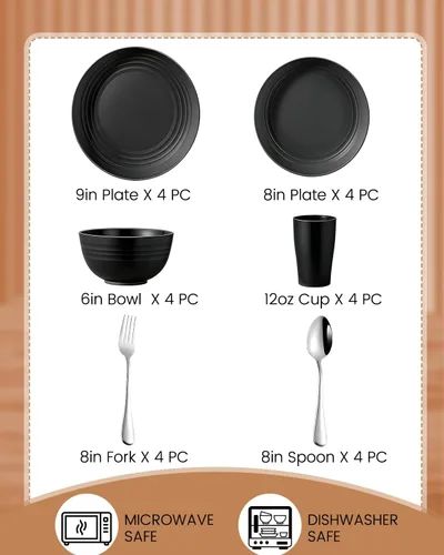 Vista 2 de Juego de platos y cuencos de 24 piezas para 4 vajillas de paja de trigo irrompible, incluye tenedores de acero inoxidable para picnic, camping, Negro