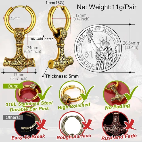 Vista 4 de FaithHeart Aretes de aro vikingo para hombre, ligeros, de acero inoxidable, aretes colgantes retro de mitología nórdica, regalo para papá y hermanos