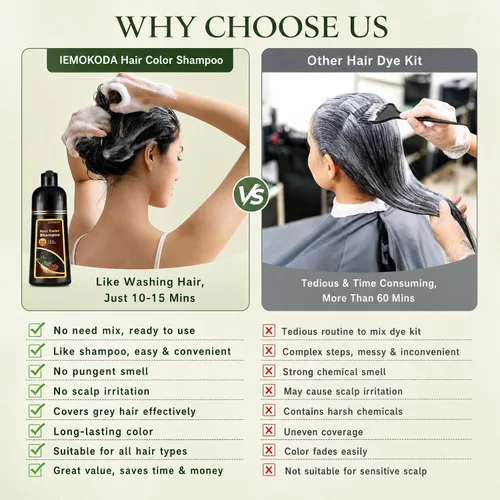 Vista 6 de Champú de tinte para cabello negro para cabello gris, champú instantáneo de color de cabello, champú de larga duración, champú para cabello negro