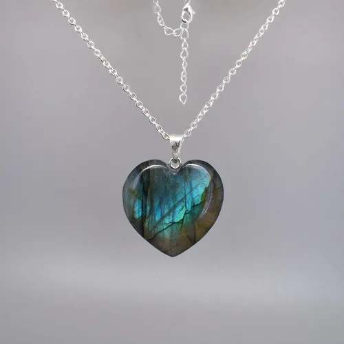 Vista 6 de Gempires Natural Labradorite Heart Pendant Necklace, Handmade Jewelry, Silver Plated 18 + 2 Inch Adjustable Chain (Labradorite)