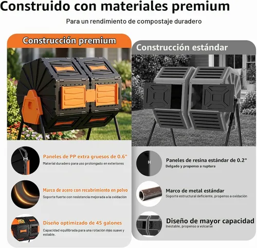 Vista 2 de Tambor de Compost, Fácil de Ensamblar y Eficiente Contenedor de Compost Exterior, 45 Galones/170 Litros Compostador Giratorio Grande de Doble Cámara
