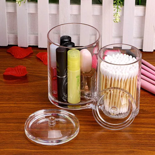 Vista 6 de Hipiwe - Bastoncillo de algodón acrílico transparente y soporte para bolas con 2 ranuras para Q-tip Estuche organizador redondo de algodón Q-tip