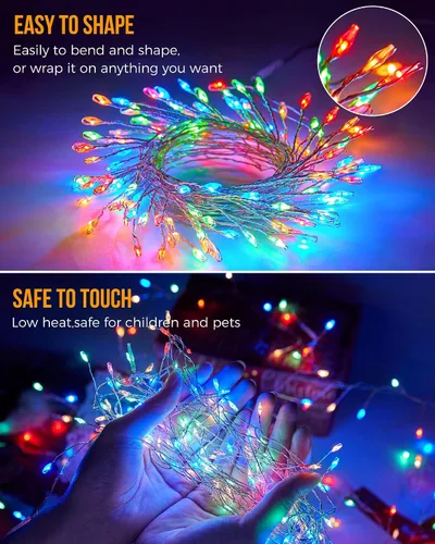 Vista 4 de Luces de Hadas a Batería, 10 Pies 120 LEDs Luces de Cadena Tipo Petardo Impermeables Cable Plateado Luces Estrelladas de Luciérnaga para Bricolaje