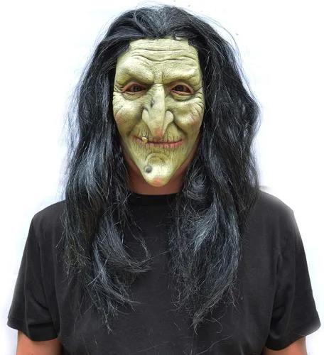 Vista 3 de Máscara de bruja de Halloween aterradora realista cosplay máscara de disfraz antiguo con cabello