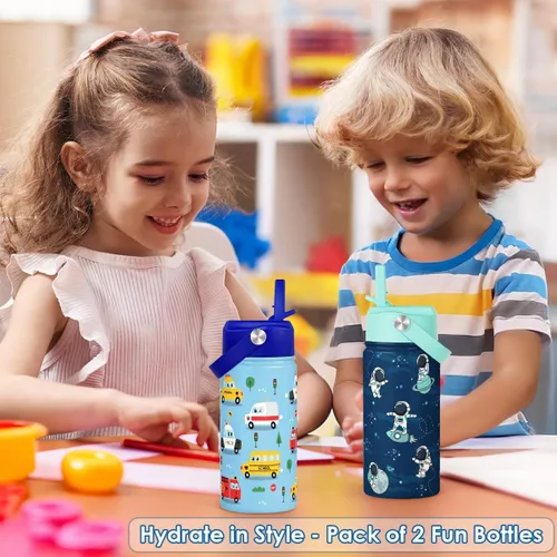 Vista 4 de Botella de agua para niños de 12 onzas con tapa con popote, paquete de 2 botellas de agua aisladas de acero inoxidable para niños y niños, taza