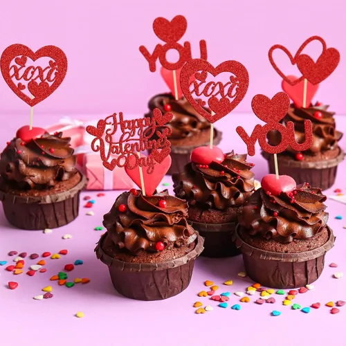 Vista 40 de Ephlyn 24 adornos para cupcakes con purpurina para el día de San Valentín, dulce amor, corazón, día de San Valentín, decoración para cupcakes