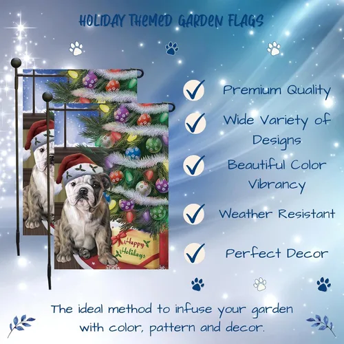Vista 3 de Doggie of the Day Banderas de jardín Bulldog – Árbol de Navidad con regalos – Doble cara – Regalo decorativo de primavera para patio – Decoración