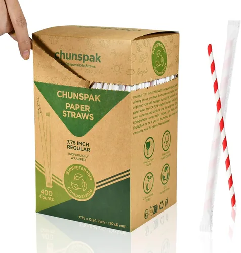 Vista 8 de Pajitas de papel desechables envueltas individualmente de 7.75 x 0.24 pulgadas, rayas coloridas [400 unidades] - biodegradables ecológicos