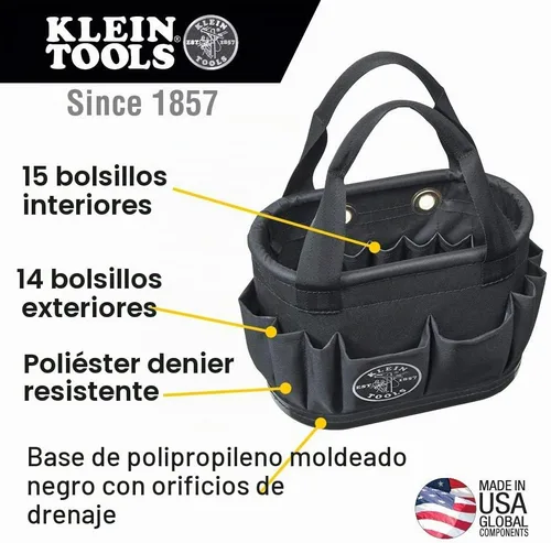Vista 2 de Klein Tools 5144BHB14OS Cubo de cuerpo duro, cubo de herramientas ovalado aéreo con orificios de drenaje, 29 bolsillos