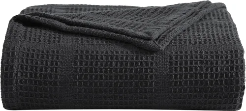 Vista 2 de Kenneth Cole - Manta tamaño King, manta de algodón 100% texturizado de rejilla de gofre para cama o sofá, ligera y transpirable para comodidad Negro