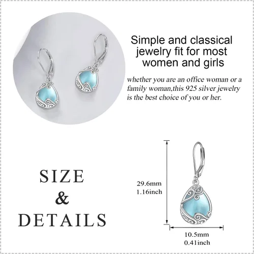 Vista 136 de Aretes colgantes con forma de lágrima de filigrana de piedra lunar de plata de ley 925 con cierre de palanca para mujer, regalos de joyería