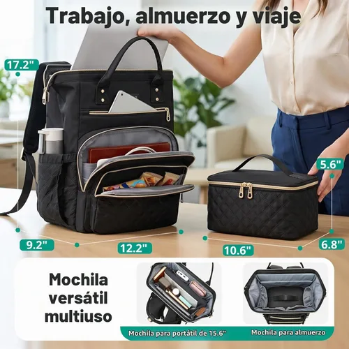 Vista 5 de AIJIEKE Mochila de almuerzo para mujer, mochila para portátil de 15.6 Beige