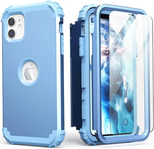 Vista 30 de IDweel Funda para iPhone 11 con Protector de Pantalla de Vidrio Templado, Híbrida 3 en 1 Resistente a Golpes Delgada de Protección Resistente