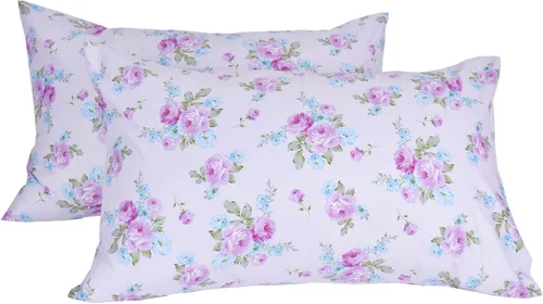 Vista 2 de Juego de 2 fundas de almohada de algodón blanco tamaño Queen, con estampado floral, súper suave, con cierre de sobre