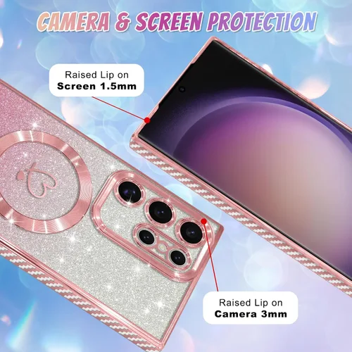 Vista 626 de Bonoma - Funda compatible con Samsung Galaxy S21 Plus, diseño de corazón con purpurina, color rosa Support for MagSafe, Plating Magnetic Case TPU