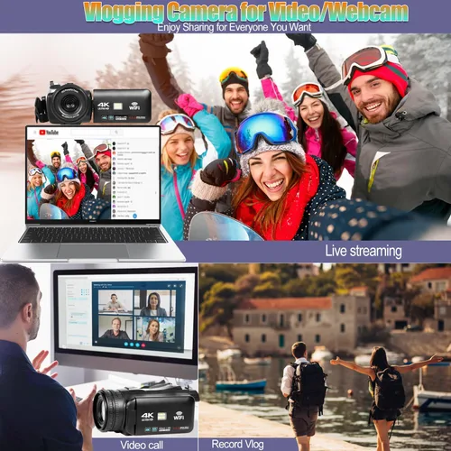 Vista 3 de Videocámara de video 4K UHD mejorada con micrófono, zoom digital de 18X, cámara de vlogging de enfoque automático para YouTube Antishake grabadora