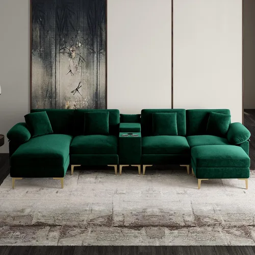 Vista 24 de OUYESSIR Sofá modular en forma de L, sofá de terciopelo de 3 plazas con otomana y almohadas, cómodo sofá cama tapizado para sala de estar, Verde
