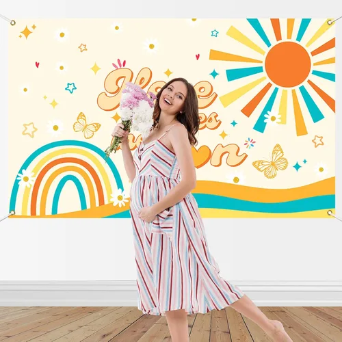 Vista 3 de Mocsicka Banner bohemio para baby shower con texto en inglés «Here Comes The Sun», decoración de fiesta de baby shower, para fotografía, decoración