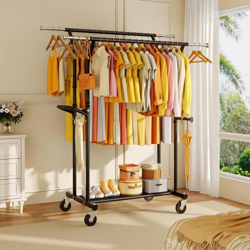 Vista 9 de Perchero de ropa resistente: 800LBS Perchero de ropa con ruedas para colgar abrigos, barras dobles, estantes de tela portátiles con ruedas Estante