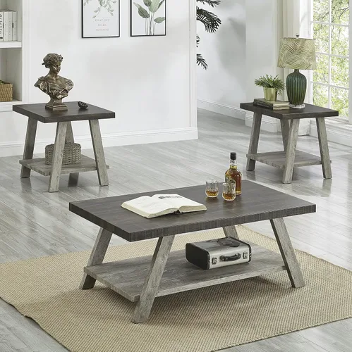 Vista 10 de Roundhill Furniture Atenas Juego de mesa de café de 3 piezas de estante de madera contemporánea, negro