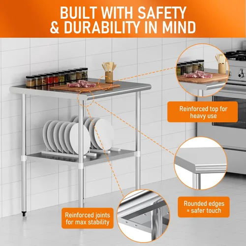 Vista 5 de Mesa de preparación y trabajo de acero inoxidable con estante ajustable y salpicadero, isla de cocina con almacenamiento, estaciones de trabajo Mesa