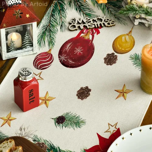 Vista 3 de Artoid Mode Bolas de Navidad con diseño de bolas de Navidad, Pino y Poinsettia, Camino de mesa de Navidad, decoración de mesa de comedor