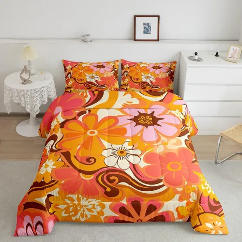Vista 18 de Lindo juego de edredón de flores para niños y mujeres. Juego de ropa de cama de flores coloridas de dibujos animados, tamaño individual, bonito