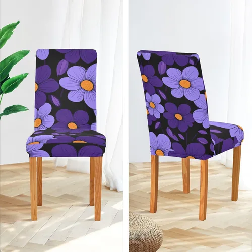 Vista 4 de Simple Purple Flowers Black Background Decorative Chair Cover for Bedroom Washable Club Chair Cover fundas para sillas de comedor Set of 4