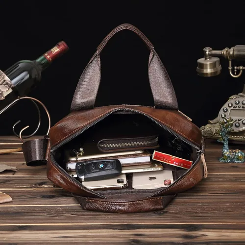 Vista 5 de Bolso de hombro de cuero genuino para hombres, bandolera ajustable con caja de regalo
