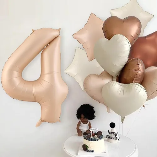 Vista 6 de Globos de 40 pulgadas con el número 4, 19 globos grandes de aluminio con número de helio con globos de corazón neutros color crema caramelo, beige