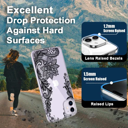 Vista 2 de Compatible con iPhone 11, funda transparente con flores florales a prueba de golpes, parte trasera dura, delgada, bonita funda transparente