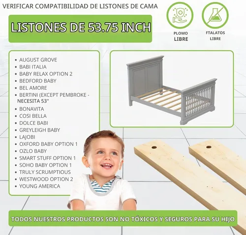Vista 5 de CC KITS Juego de ocho (8) listones de madera maciza de 53 3/4 pulgadas de tamaño matrimonial/doble, uso de kits de conversión de cuna, marco