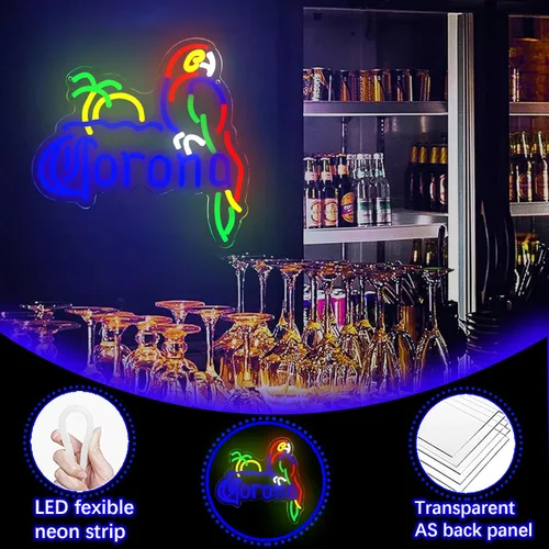 Vista 3 de Coron Letrero de Neón de Loro Luces de Neón para Decoración de Bar, Luces de Cerveza de Palmera Letrero de Neón LED Regulable Letreros Luminosos