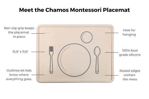 Vista 2 de CHAMOS Manteles individuales de silicona para niños pequeños y niños, mantel individual Montessori, antideslizante (salvia y beige)