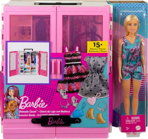 Vista 6 de Barbie Fashionistas - Muñeca y juego de armario definitivo con ropa y 12 accesorios, muñeca rubia de moda y juguete de armario rosa