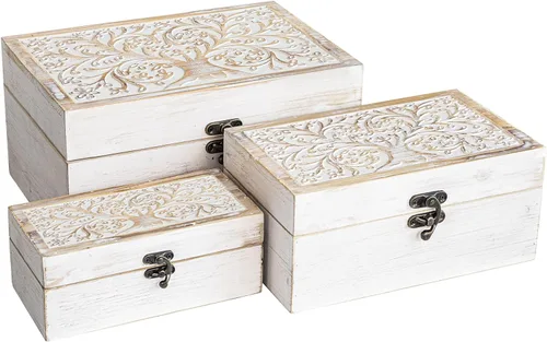 Vista 12 de 2 cajas de recuerdo de madera tallada con tapa con árbol de la vida, cajas de almacenamiento decorativas para decoración del hogar, caja