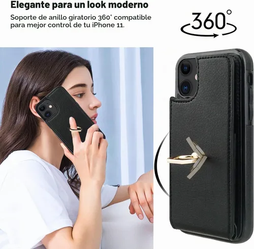 Vista 3 de Folosu Funda compatible con iPhone 11, cartera con tarjetero y rotación de 360°, soporte de anillo de dedo con función atril, bloqueo RFID, piel