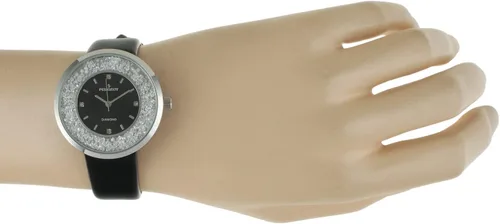 Vista 5 de Peugeot 3041SBK Reloj elegante, con correa negra fina, con diamantes auténticos y circonita cúbica, redondo y plateado, para mujer.