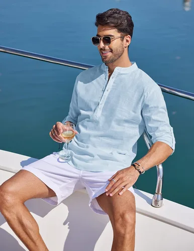 Vista 4 de JINIDU Camisas de lino de algodón para hombre, manga larga, Henley hippie, playa, boda, yoga