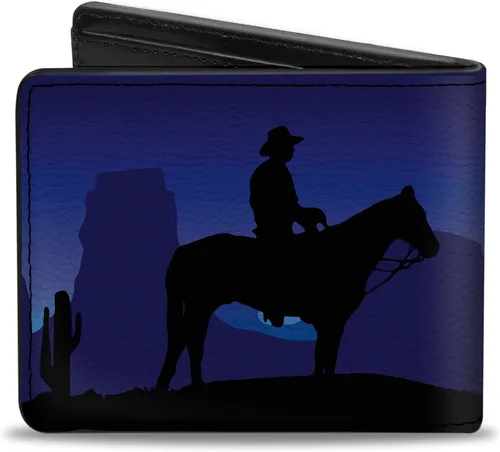 Vista 2 de Buckle-Down Billetera para hombre, plegable, siluetas de coyote vaquero, paisaje occidental, azul, negro, cuero vegano, 4.0 x 3.5 pulgadas, Cowboy