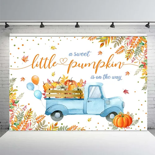 Vista 2 de MEHOFOND Telón de fondo de calabaza para baby shower de 7 x 5 pies, diseño de calabaza dulce está en camino, fondo azul para fotografía de hojas