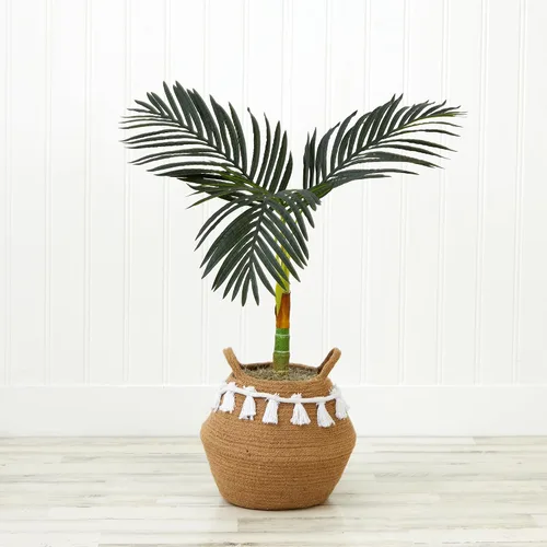 Vista 3 de Nearly Natural Palmera artificial de caña dorada de 3 pies con cesta de yute y algodón hecha a mano con borlas, kit de bricolaje