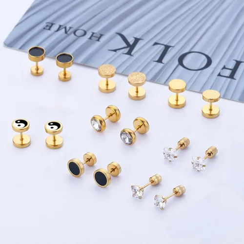 Vista 3 de NEWITIN 12 Pairs Black Earrings for Men Stainless Steel Stud Earrings Set Oro delicado