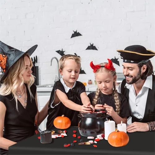 Vista 4 de Eunika 12 manteles de plástico desechables de Halloween, 54 x 108 pulgadas, mantel italiano rectangular a granel, negro, naranja, morado