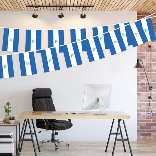 Vista 3 de G128 Bandera nicaragüense de Nicaragua Bandera de 8.2 x 5.5 pulgadas, cuerda completa de 33 pies Poliéster 150D impreso, decoraciones para bar