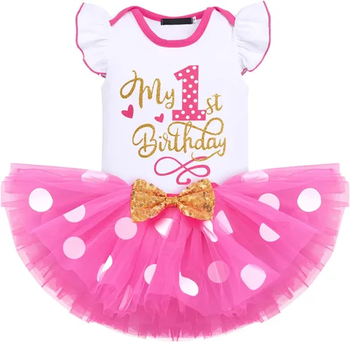 Vista 21 de IMEKIS Conjunto de mameluco para bebé niña de primer y tercer cumpleaños + falda tutú de lunares + diadema para niños pequeños sesión de fotos