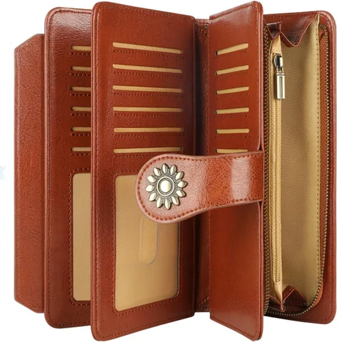 Vista 5 de Lavemi Carteras de cuero genuino de gran capacidad con bloqueo RFID para mujer, tarjetero con correa para la muñeca