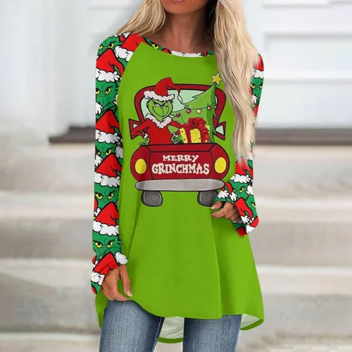 Vista 2 de Trajes de otoño para mujer, de manga larga, con estampado navideño, cuello redondo, casual, holgada