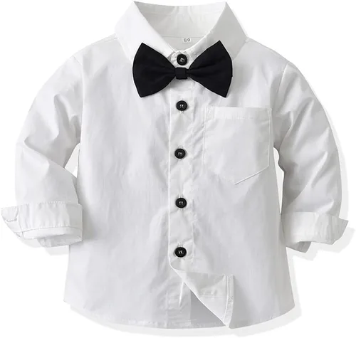 Vista 2 de IBTOM CASTLE Camisa con pajarita para bebés y niños, pantalones con tirantes, trajes de caballero para boda, bautismo, cumpleaños, esmoquin formal