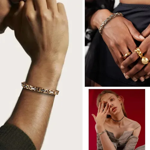 Vista 6 de JQWL Flat Byzantine Bracelet 8mm Wide Stainless Steel Punk Cool Link Bracelet Chunky Heavy Chain Fashion Curb Cuban Chain Bracelet for Men Women